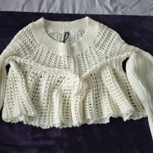 Anthropologie Cream Openwork Crochet Crewneck Sweater